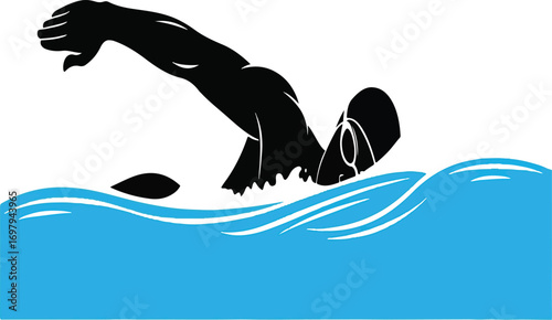 Silhouette of a swimmer's upper body during a freestyle stroke in blue water swimming ripple