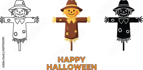 Three scarecrow illustrations for halloween, showcasing a rustic and charming design with a playful and autumnal atmosphere