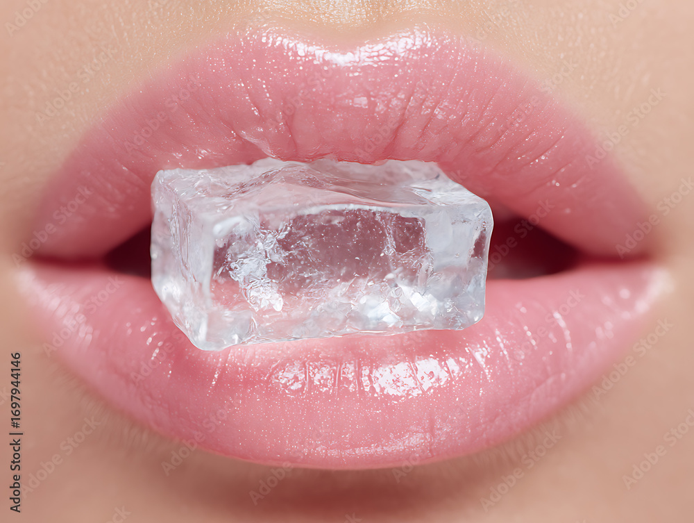 Obraz premium Close up of pink lips holding a clear ice cube with water droplets
