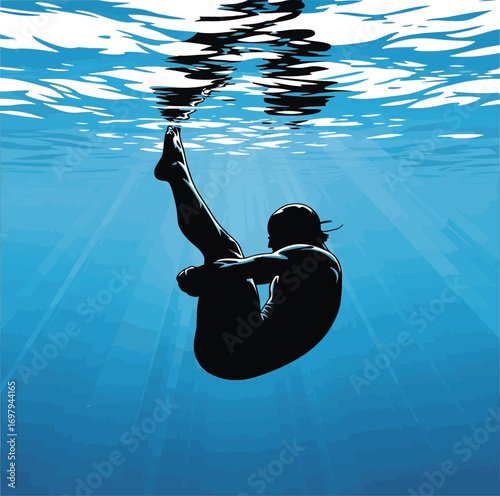 Silhouette of Diver in Underwater Pose with Sunbeams and Water Surface Reflection diving person