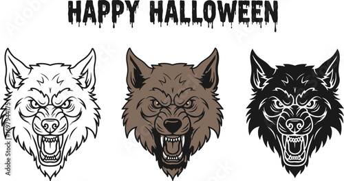 Happy halloween illustration featuring three menacing wolf heads in different styles, perfect for spooky season designs