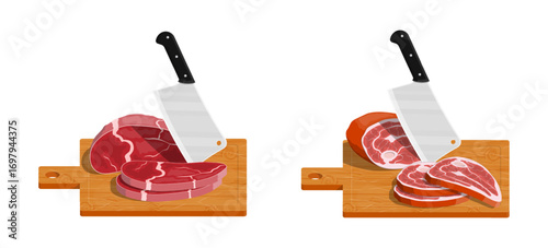 Raw meat cuts on a chopping board with a cleaver. Butcher shop and cooking concept. Food preparation for recipe book.