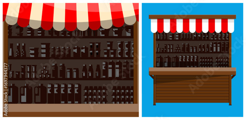 Retail market stand and shelf with empty products. Store counter and showcase for goods. Flat style vector.