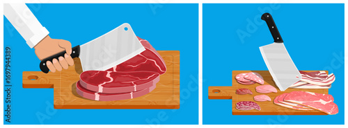 Man butcher cutting raw meat on wooden board with cleaver. Food preparation concept for menu or recipe.