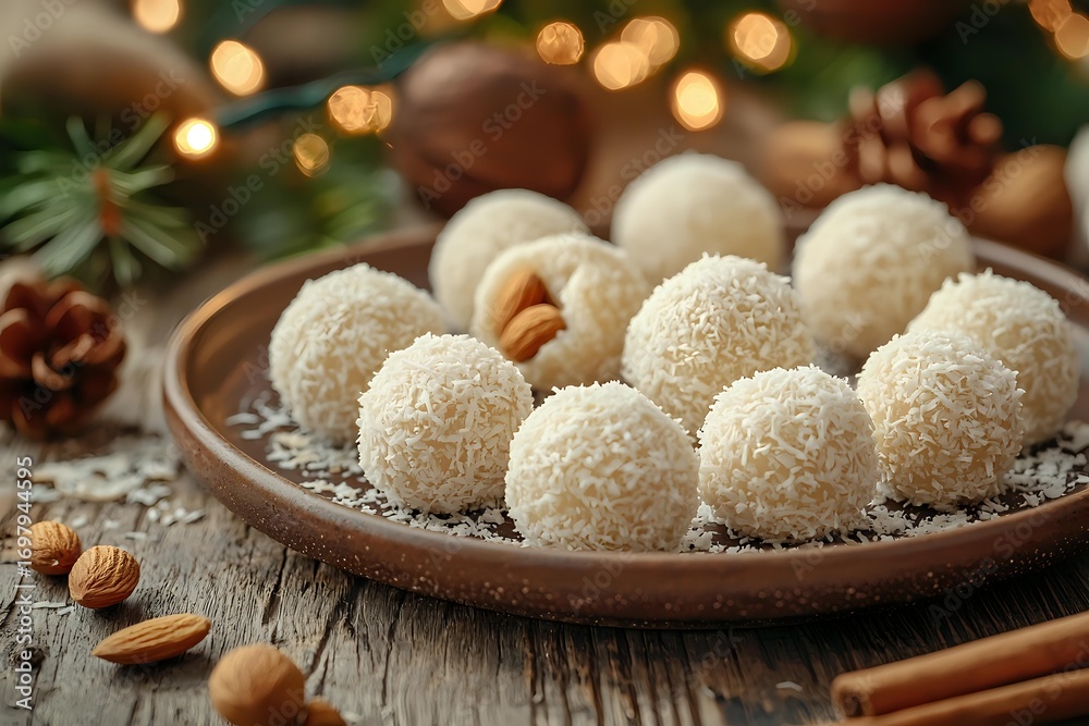 Fototapeta premium Homemade coconut snowball truffles with almonds on rustic wooden plate. Holiday dessert with festive bokeh lights and pine cones in background.