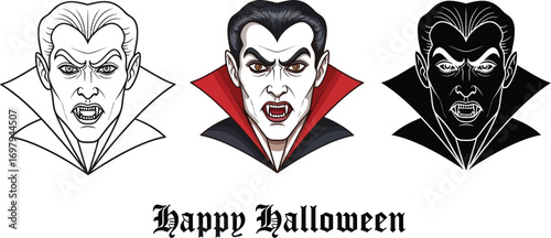Three vampire heads with different styles and happy halloween text for a spooky and festive halloween celebration