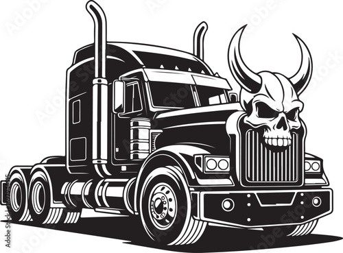 Black and white illustration of a semi-truck with a skull and horns on the front tractor trailer