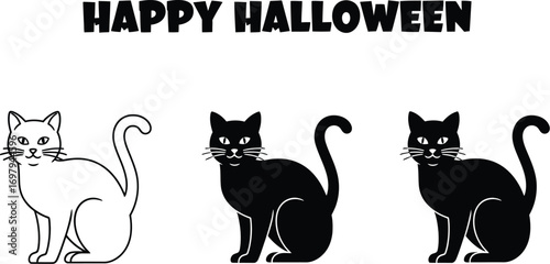 Three black cat illustrations with happy halloween text for a spooky and festive halloween celebration