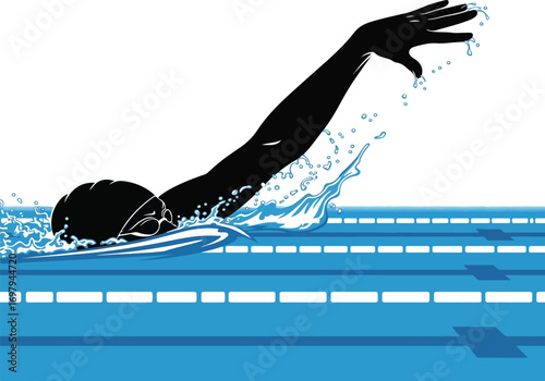 Swimmer silhouette in freestyle stroke with swimming lanes and water splashes vector illustration