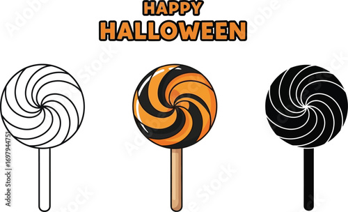 Three halloween lollipops, showcasing line art, color, and silhouette variations for spooky season designs and treats