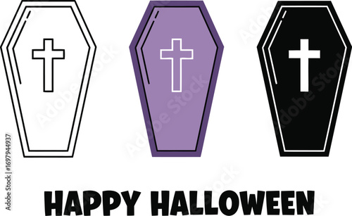 Happy halloween illustration featuring three coffins with crosses, perfect for spooky season decorations and greetings