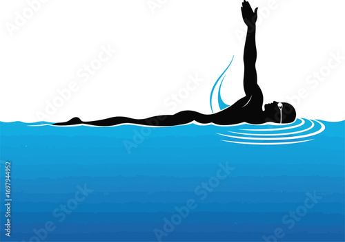 Silhouette of a swimmer performing backstroke in blue water with a white background swimming ripple