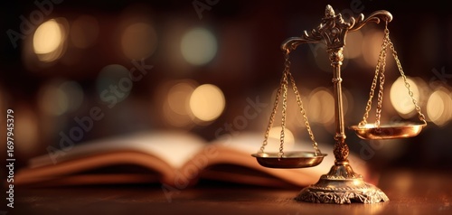 The scales of justice beside an open law book on a wooden desk
