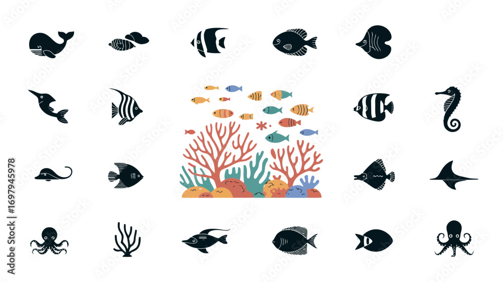 © Sabit - Vibrant sea life illustration featuring playful fish, coral reefs, and ocean wildlife silhouettes