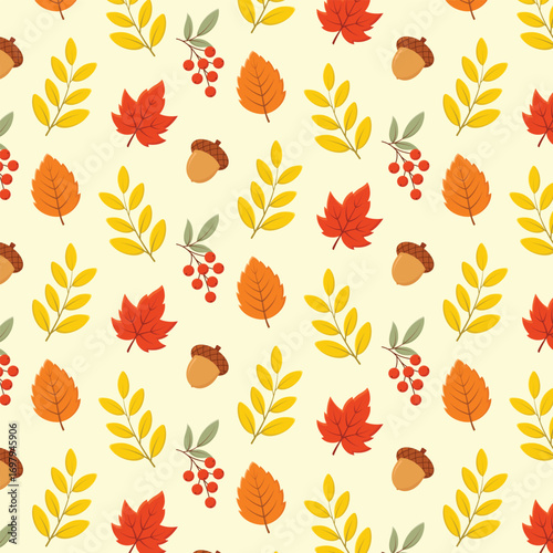 Seamless pattern with colourful autumn leaves, acorns and rowan berries. Fall season vector illustration.