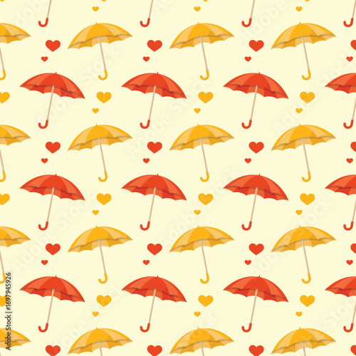 Seamless pattern with yellow and red umbrellas and hearts. Autumn vector illustration.