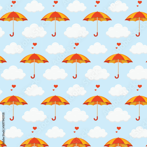 Seamless pattern with colourful umbrellas and clouds on blue background. Autumn season vector illustration.