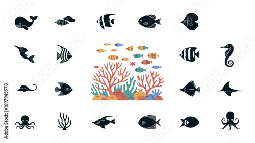 Vibrant sea life illustration featuring playful fish, coral reefs, and ocean wildlife silhouettes