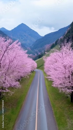 Drone aerial view of a long empty asphalt road with scenery