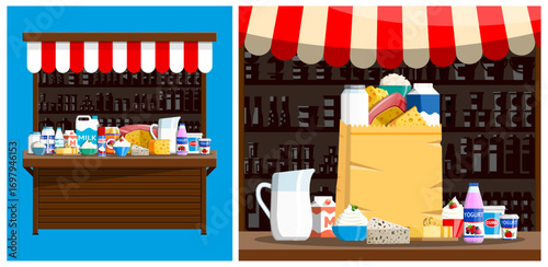 Farm dairy product market stall, groceries, and shop with food. Organic milk production kiosk. Retail counter.