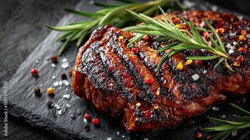 Grilled cowboy steak with herbs and spices on black stone background. BBQ