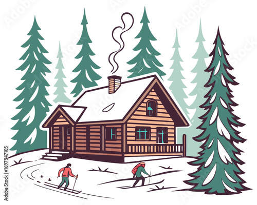 Snow-covered wooden cabin in the forest, smoke coming out of chimney, surrounded by pine trees, vector illustration