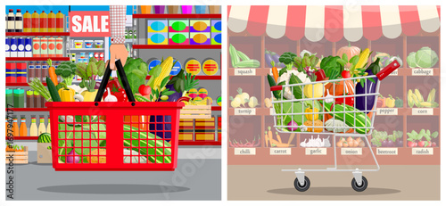 A man with a red shopping basket full of fresh vegetables in a grocery store, next to a full shopping cart and colorful shelves.
