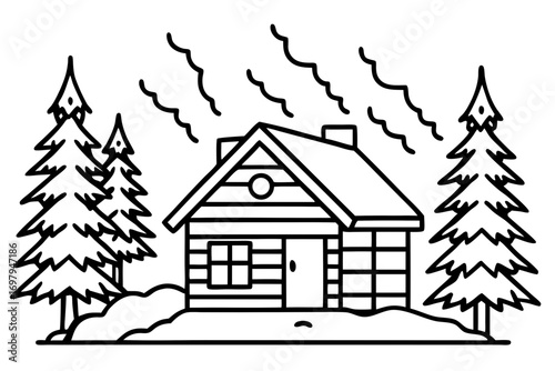line art Snow-covered wooden cabin in the forest, smoke coming out of chimney, surrounded by pine trees, vector illustration