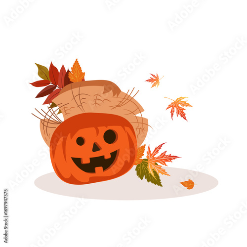 Cute orange pumpkin in a hat for Halloween on a white background. Vector illustration
