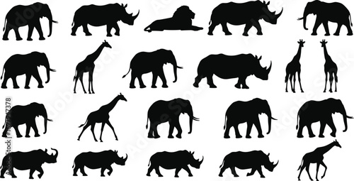 Flat vector illustration of black silhouettes of wild animals including elephant, rhinoceros, giraffe, lion, safari wildlife, animal collection, nature, jungle 