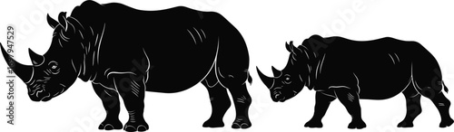 Flat vector illustration of rhinoceros mother and baby, African wild animals, rhino family silhouette, wildlife drawing, jungle animal clipart