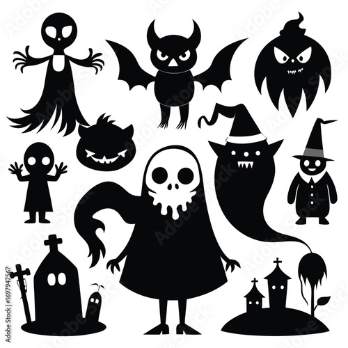 Spooky Halloween characters and symbols in black silhouettes