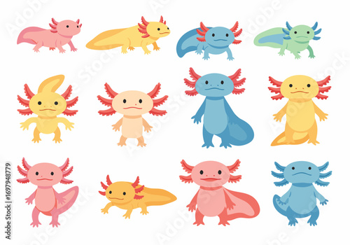 a group of colorful axolotls in various poses and colors on white background