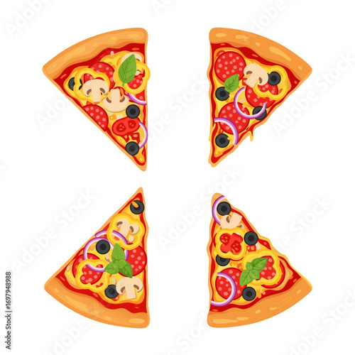 a delicious arrangement of four sliced pizzas with various toppings on a clean white background