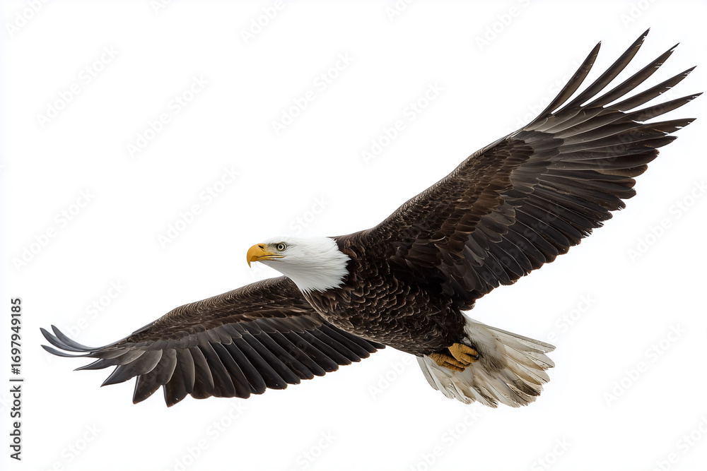 Fototapeta premium Bald eagle flying isolated on white background