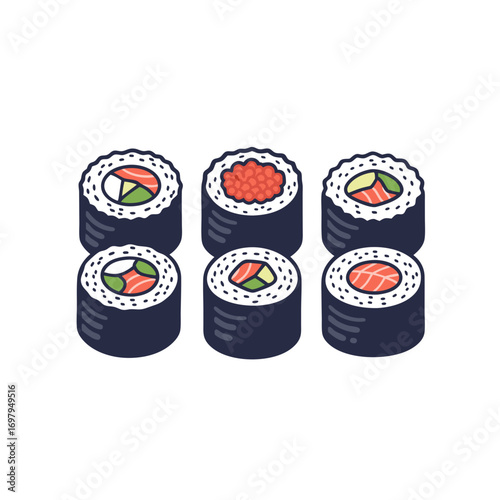 A plate of assorted sushi rolls with salmon and vegetables on a clean white background