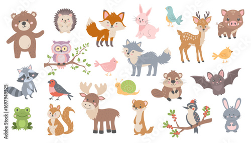 Cute Woodland Animals Set. Adorable vector illustration of forest creatures including a bear, fox, rabbit, deer, owl, and more, perfect for kids' designs and educational materials
