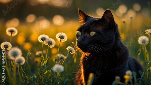 Close-up of a cute black cat with green eyes, sitting in the sunlit field of dandelions. Beautiful kitty portrait animal photography illustration. Felis catus.