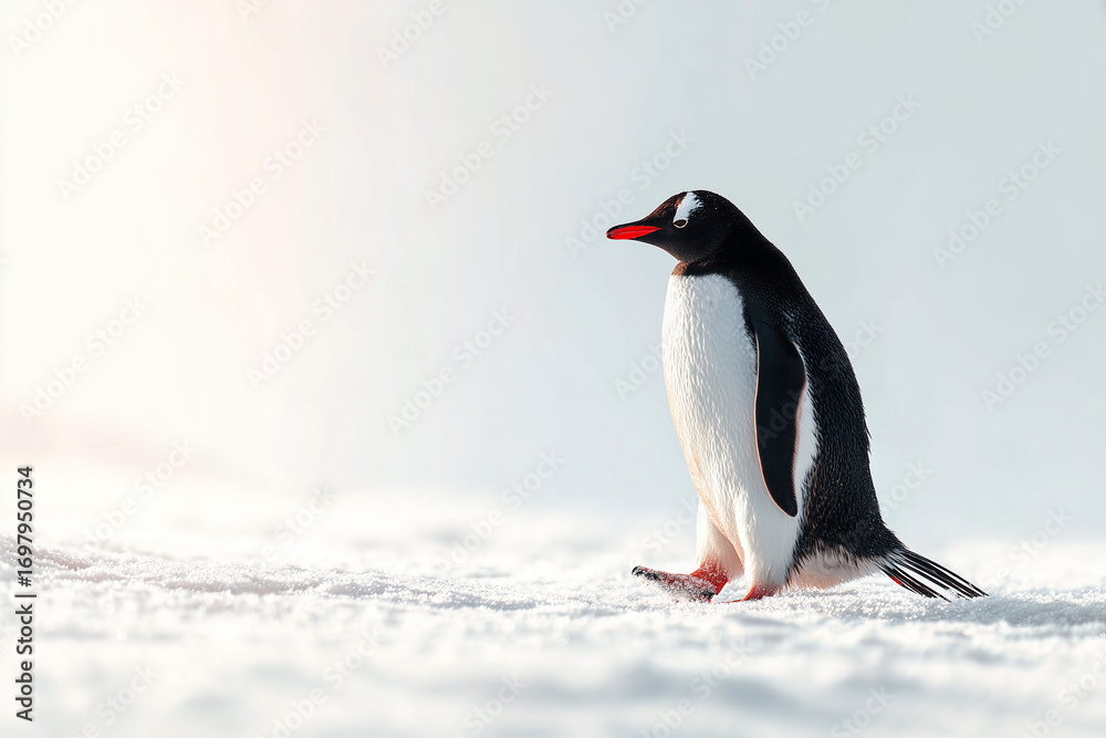 Fototapeta premium Gentoo penguin walking on the snow field