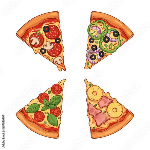 A delicious assortment of four pizza slices with various toppings on a clean white background for food and culinary design