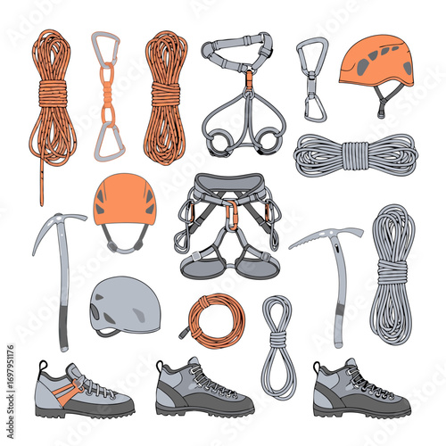 a collection of climbing gear and equipment for rock climbing and hiking in one place