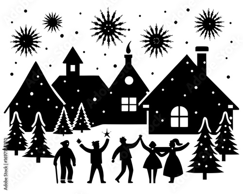 Snow-covered village with people celebrating, lanterns and fireworks in sky, festive winter illustration, vector design