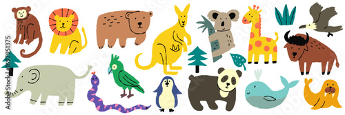 Carta da parati Cute Scribble Kid Animal Set