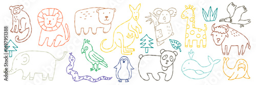 Cute Scribble Linear Kid Animal Set. Crayon Pencil Baby Creature Collection. Cartoon Vector Illustration