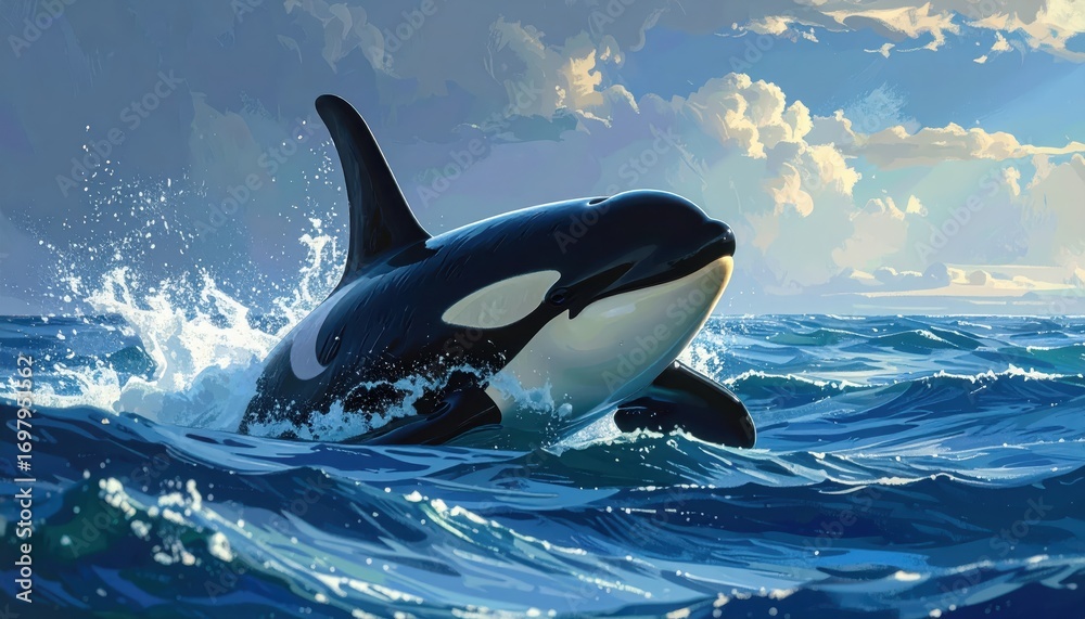 Fototapeta premium A magnificent orca gracefully leaps through azure waves under a serene sky, showcasing dynamic movement and vibrant colors.