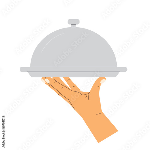 hand holding serving platter with cloche symbolizing restaurant service, catering, hospitality and fine dining, perfect for food business and menu design - vector illustration