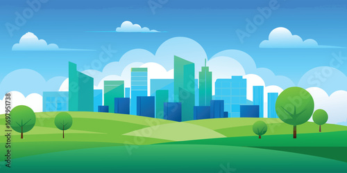 City landscape with skyscrapers and green grass. Vector illustration.