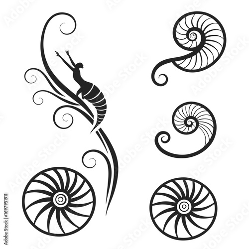 Elegant black silhouette of a woman reaching upwards amidst swirling nautilus shell motifs