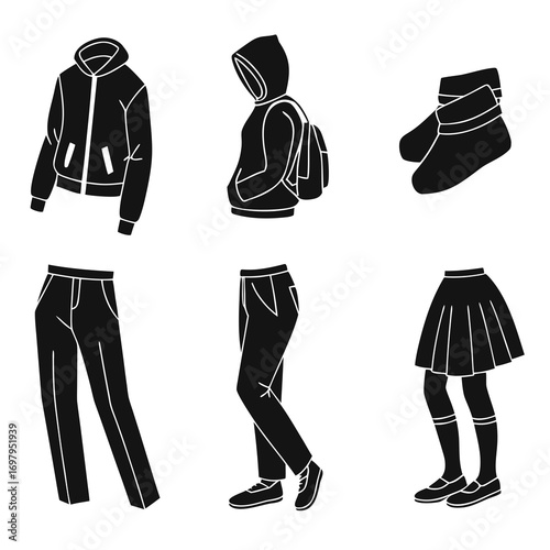 Collection of black silhouette icons representing casual clothing items for children and teenagers