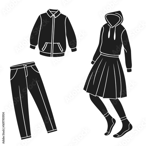 Collection of black silhouette clothing items including a bomber jacket jeans and a hoodie with a pleated skirt and socks